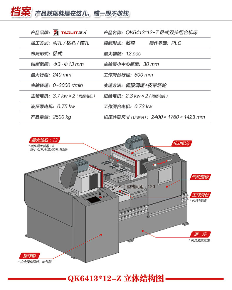 达人QK6413*12-Z卧式双头多功能组合机床产品参数